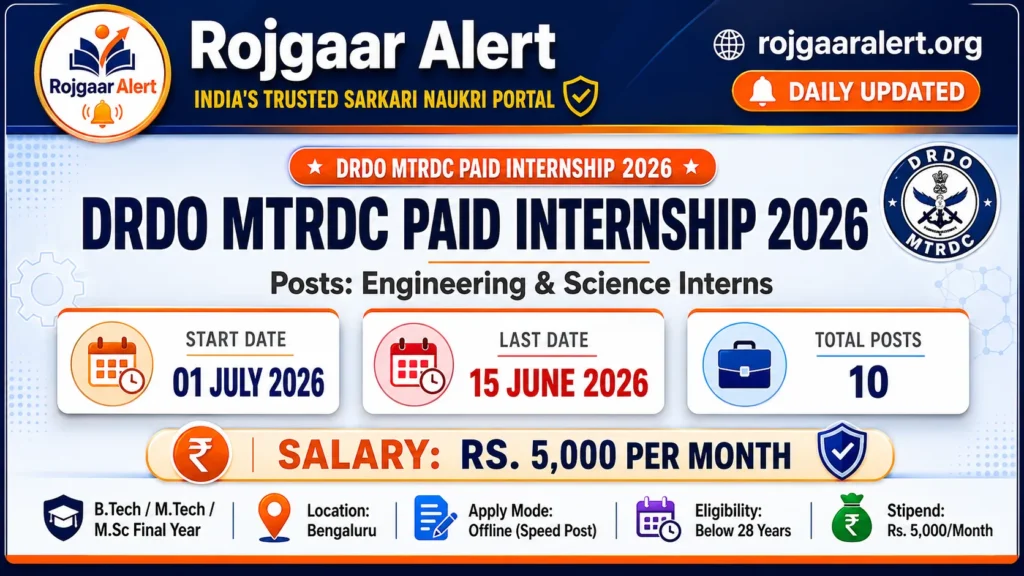 DRDO MTRDC Paid Internship 2026 — Vacancy, Eligibility, Salary & Apply Process